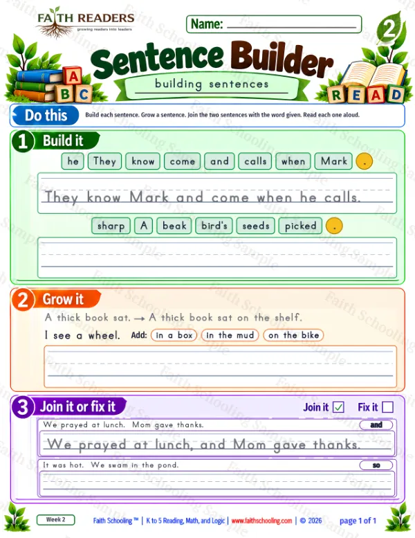 2nd Grade grammar & writing worksheet — Sentence Building. Sentence Builder 5: They know Mark and come when he calls.
