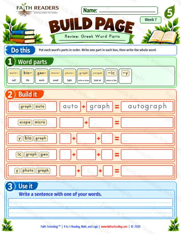 5th Grade phonics worksheet — Build 6: Review, Greek Word Parts