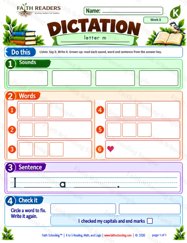 Kindergarten phonics worksheet — Spelling and Encoding. Dictation 1: m, i, s and p (free printable)