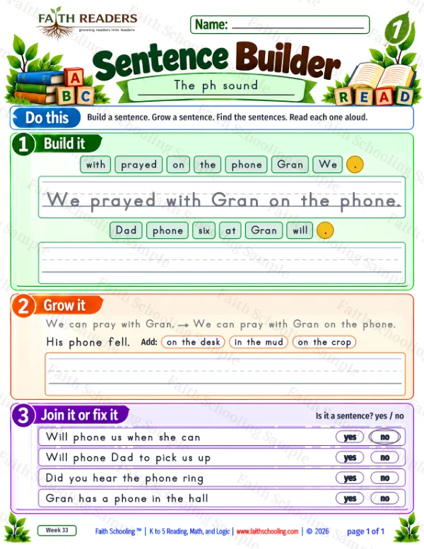 1st Grade phonics worksheet — The PH Sound. Sentence Builder 2: We prayed with Gran on the phone.