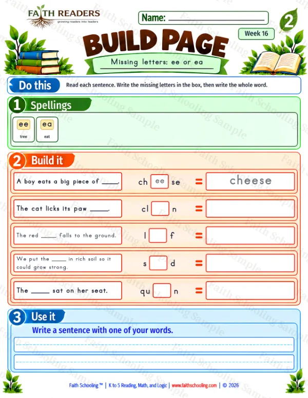 2nd Grade phonics worksheet — Vowel Sounds. Build 5: ee or ea