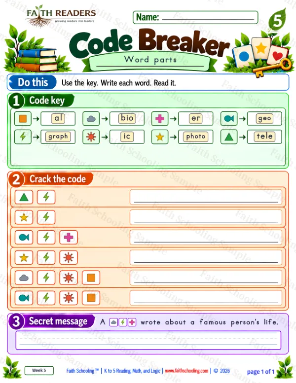 5th Grade phonics worksheet — Word Games & Puzzles. Code Breaker 4: telegraph, photograph, geographer and photographic