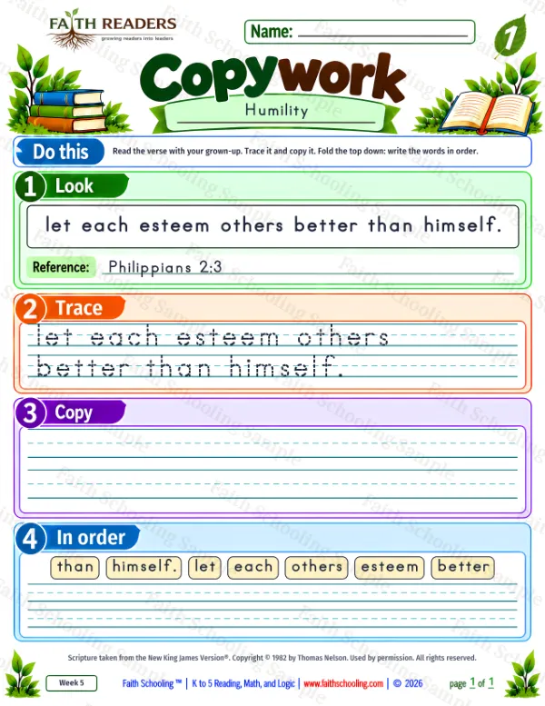 1st Grade grammar & writing worksheet — Copywork 4: Philippians 2:3 (Humility)