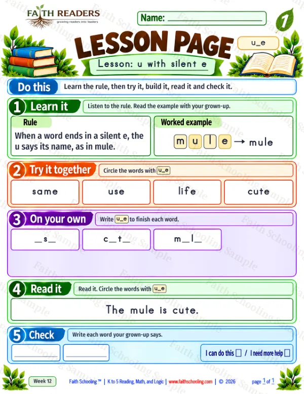 1st Grade phonics worksheet — Lesson 1: u_e (free printable)