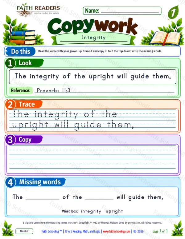 1st Grade grammar & writing worksheet — Copywork 6: Proverbs 11:3 (Integrity)
