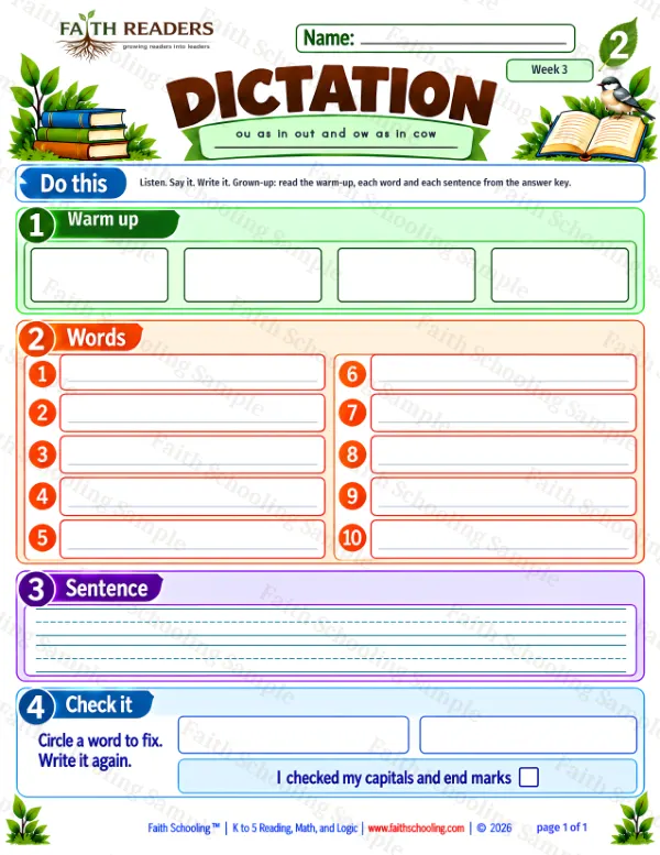 2nd Grade phonics worksheet — Spelling Practice. Dictation 9: sounds, deeper, faith and town