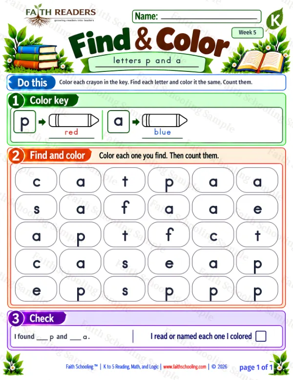 Kindergarten phonics worksheet — Find the Letter. Find And Color 8: p and a