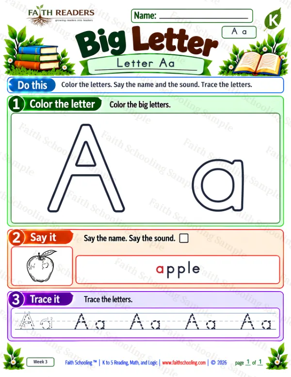Kindergarten phonics worksheet — Letter Recognition. Big Letter 2: the letter a (apple)
