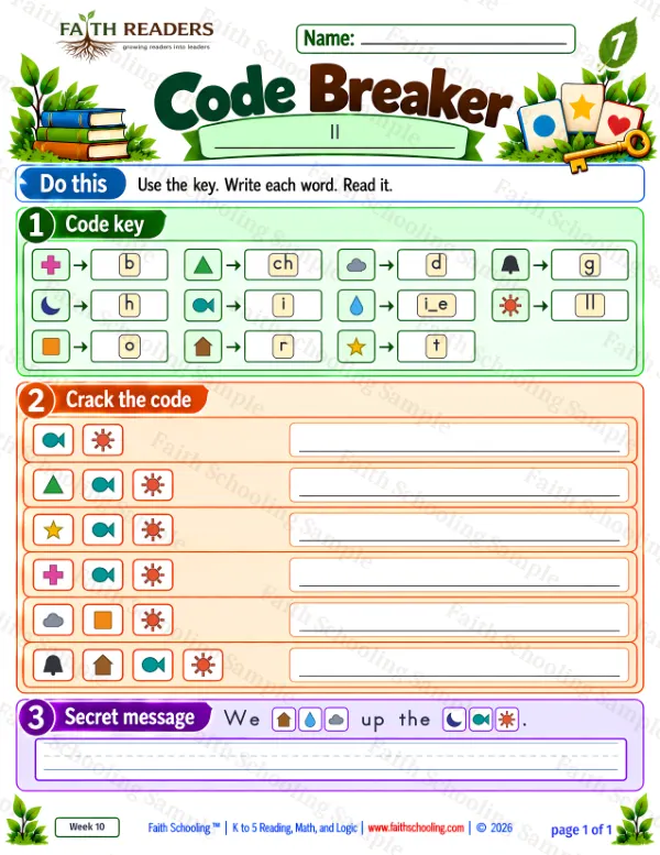 1st Grade phonics worksheet — Double Letters. Code Breaker 2: ill, chill, till and bill