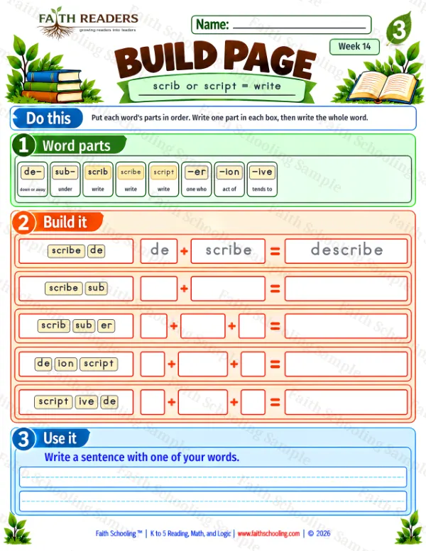 3rd Grade phonics worksheet — Word Building & Unscramble. Build 9: scrib or script = write