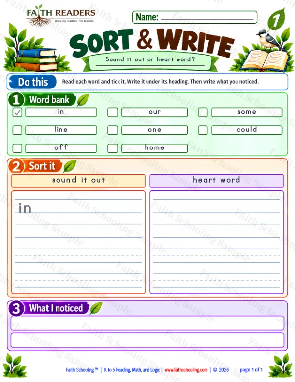 1st Grade phonics worksheet — Phonics & Sight Words. Sort And Write 2: sound and heart