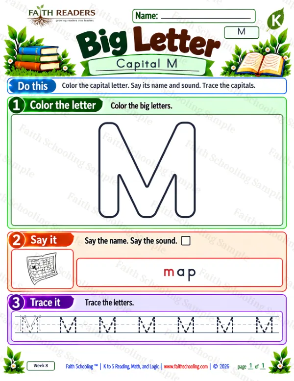 Kindergarten phonics worksheet — Uppercase Letters. Big Letter 7: the letter m (map)