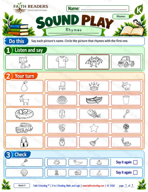 Kindergarten phonics worksheet — Phonemic Awareness. Sound Play 9: bat, bee, boat and broom