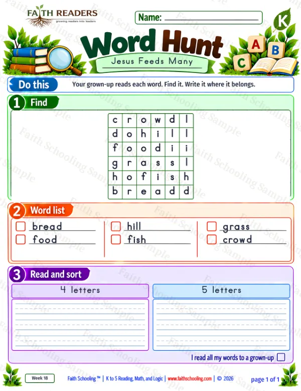 Kindergarten phonics worksheet — Faith Word Searches. Word Hunt 5: Jesus Feeds Many (John 6)