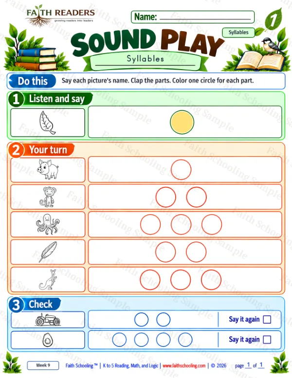 1st Grade phonics worksheet — Syllables. Sound Play 3: avocado, feather, kangaroo and leaf