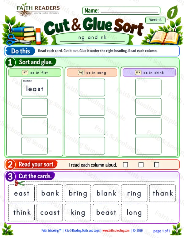 1st Grade phonics worksheet — The NG Sound. Cut And Glue Sort 1: st, ng and nk