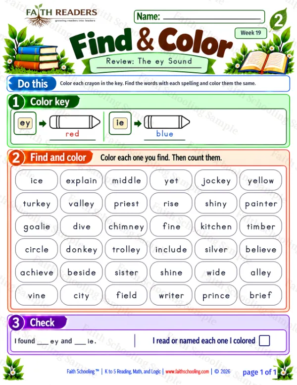 2nd Grade phonics worksheet — Find And Color 2: The ey Sound