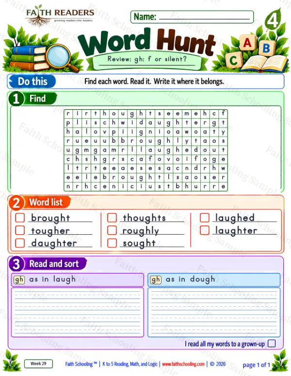 4th Grade phonics worksheet — Word Hunt 2: The Silent GH