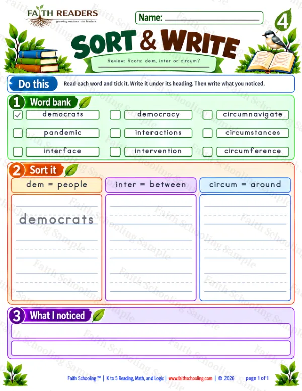 4th Grade vocabulary & word study worksheet — Greek Root: dem = people. Sort And Write 5: dem, inter and circum