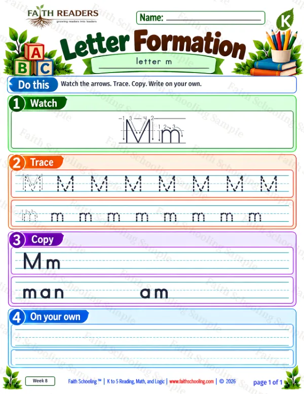 Kindergarten phonics worksheet — Letter Tracing and Printing. Letter Formation 7: m