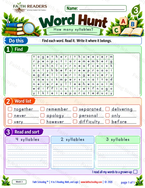 3rd Grade phonics worksheet — Word Hunt 2: four syllables and accent