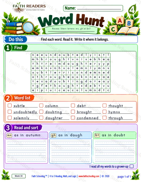 4th Grade phonics worksheet — Word Hunt 2: The Silent N - mn