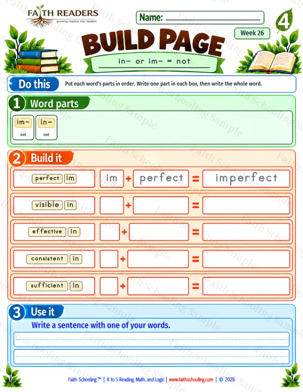 4th Grade vocabulary & word study worksheet — Build 2: in- or im- = not
