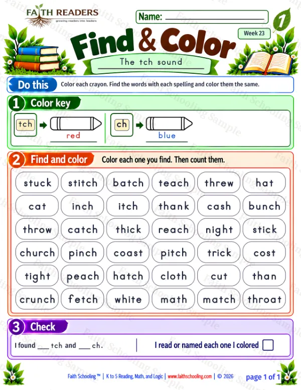 1st Grade phonics worksheet — The TCH Sound. Find And Color 2: tch and ch