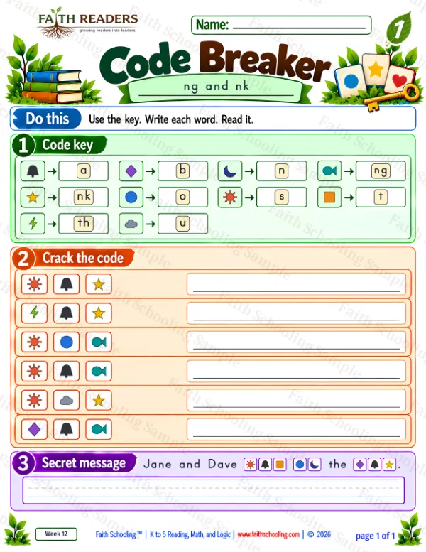 1st Grade phonics worksheet — The NG Sound. Code Breaker 2: sank, thank, song and sang