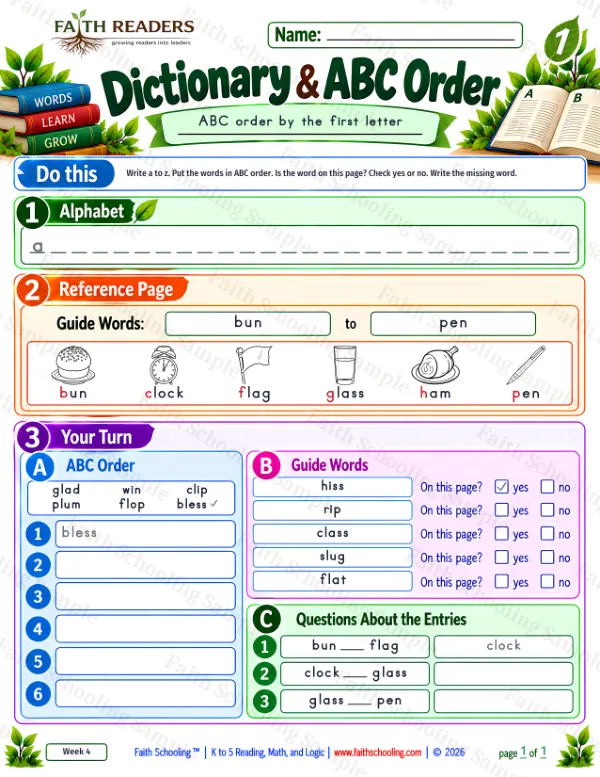 1st Grade phonics worksheet — Alphabetical Order & Picture Dictionary. Dictionary And ABC Order 4: bun, clock, flag and glass