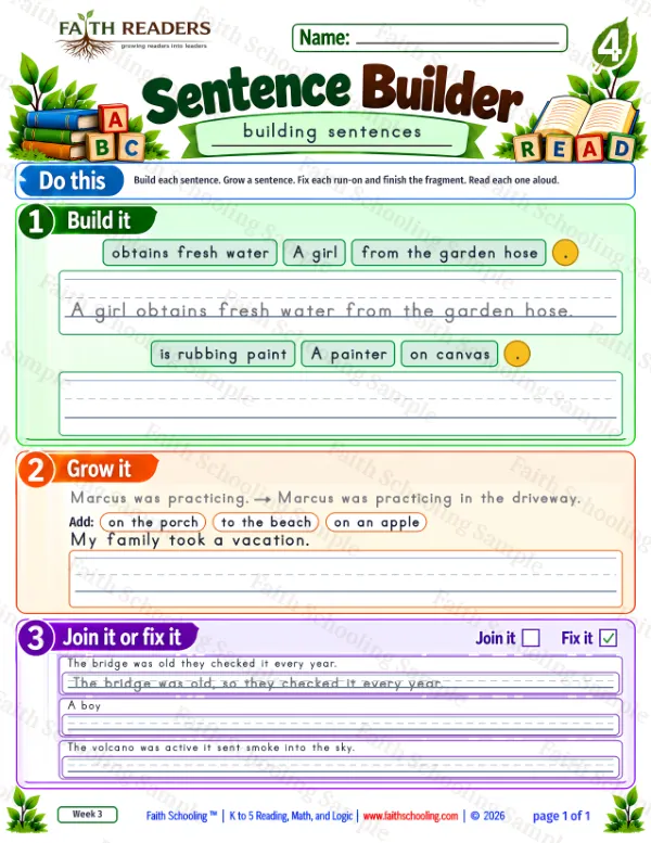 4th Grade grammar & writing worksheet — Sentence Building. Sentence Builder 9: A girl obtains fresh water from the garden hose.
