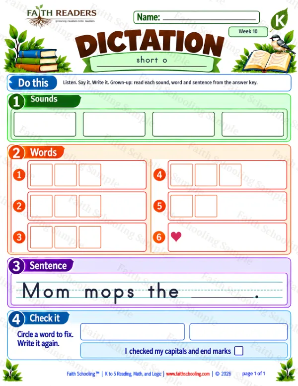 Kindergarten phonics worksheet — Spelling and Encoding. Dictation 8: o, s, d and i