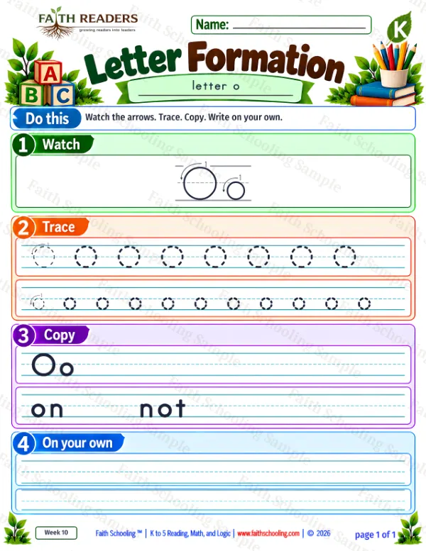 Kindergarten phonics worksheet — Letter Tracing and Printing. Letter Formation 9: o