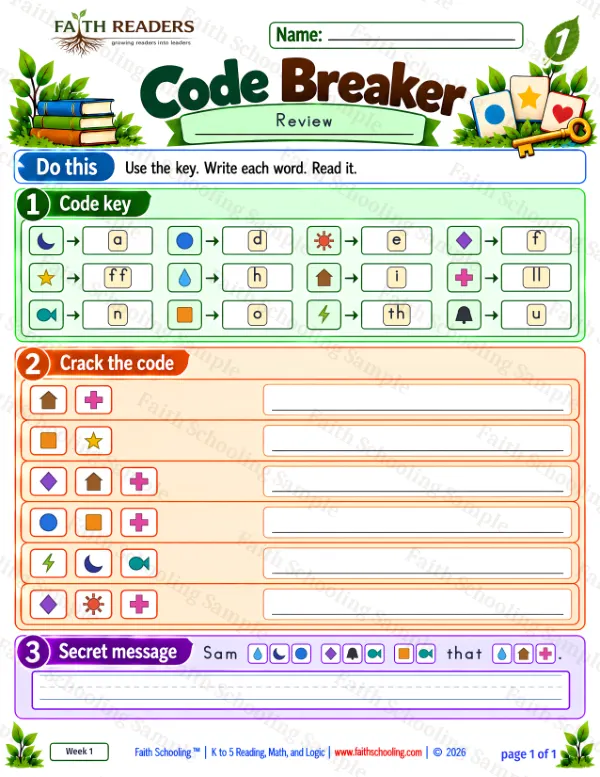 1st Grade phonics worksheet — Double Letters. Code Breaker 1: ill, off, fill and doll (free printable)