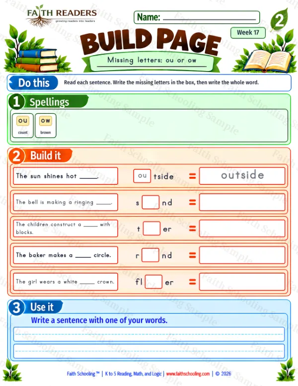 2nd Grade phonics worksheet — Vowel Teams & Diphthongs. Build 2: ou or ow