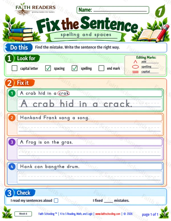 1st Grade grammar & writing worksheet — Edit and Repair. Fix The Sentence 7: spelling and space