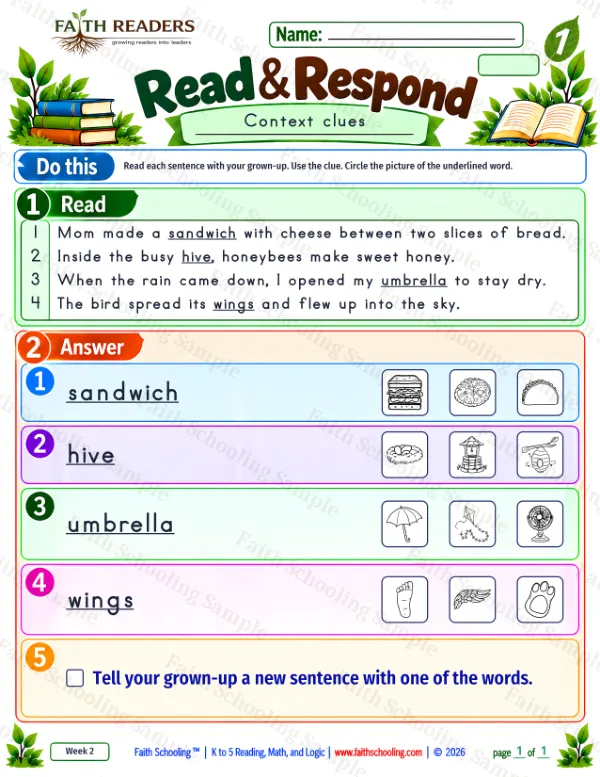 Grade 1 vocabulary worksheet: Context Clues, free printable page