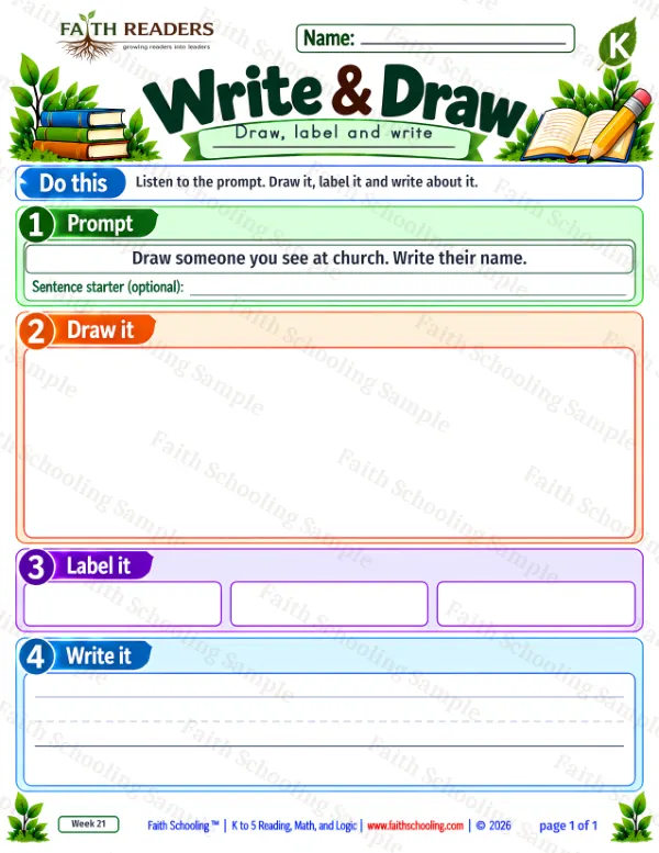 Kindergarten grammar & writing worksheet — Sentence Writing. Write And Draw 5: Draw someone you see at church.