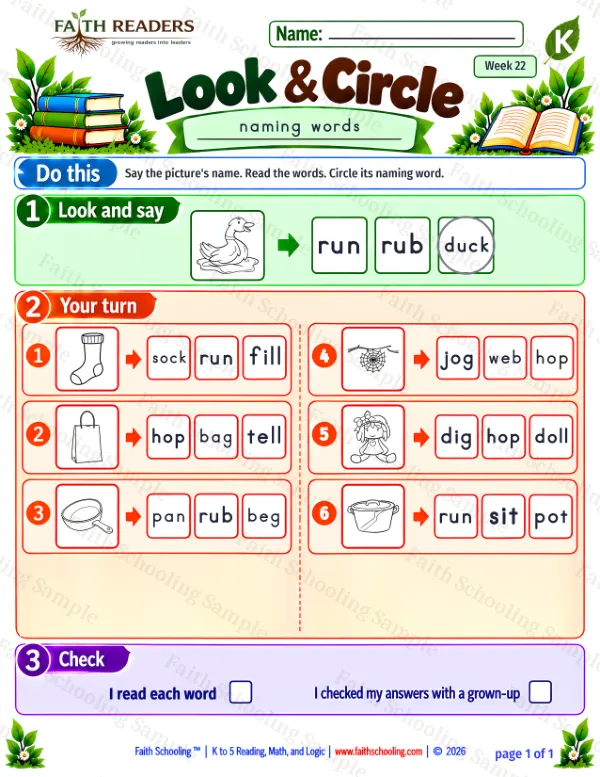 Kindergarten grammar & writing worksheet — Nouns. Look And Circle 2: sock, bag, pan and web