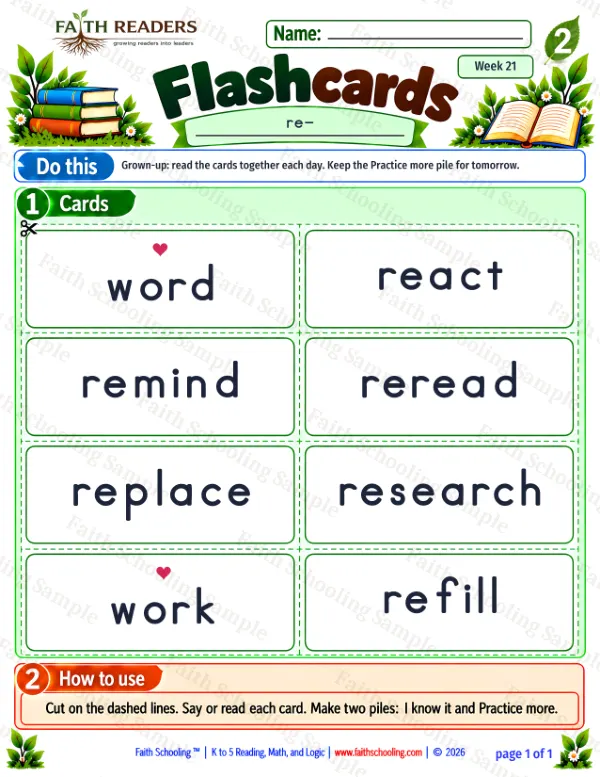 2nd Grade vocabulary & word study worksheet — Prefixes un-, re-, pre-, dis-. Flashcards 2: refill, reread, remind and react