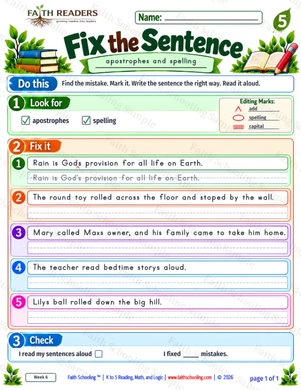 5th Grade grammar & writing worksheet — Edit and Repair. Fix The Sentence 6: apostrophes and spelling