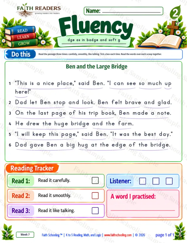 2nd Grade phonics worksheet — Soft G and -dge. Fluency 2: "This is a nice place," said Ben.