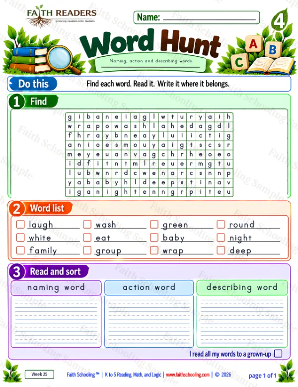 4th Grade grammar & writing worksheet — Parts of Speech. Word Hunt 4: Noun, Verb and Adjective (laugh, wash, green)