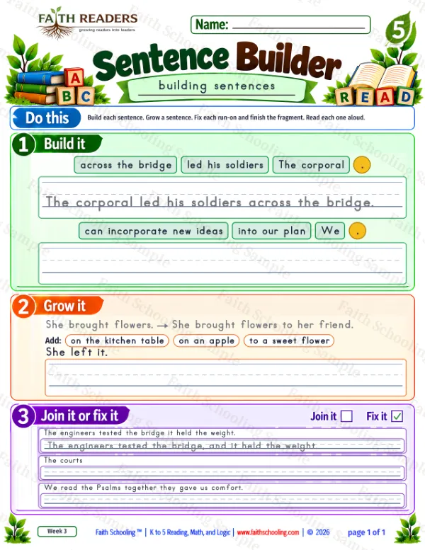 5th Grade grammar & writing worksheet — Sentence Building. Sentence Builder 7: The corporal led his soldiers across the bridge.