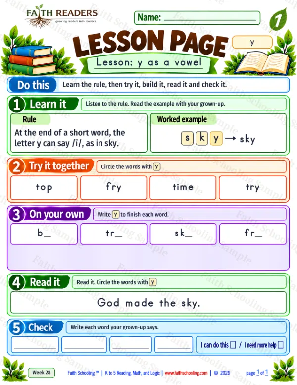 1st Grade phonics worksheet — Y as a Vowel. Lesson 1: y-vowel (free printable)