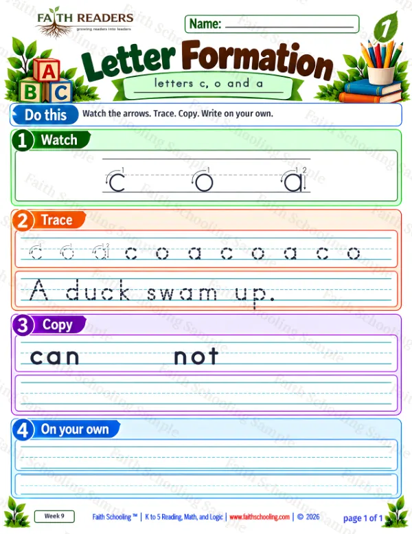 1st Grade grammar & writing worksheet — Letter Formation 9: c, o and a