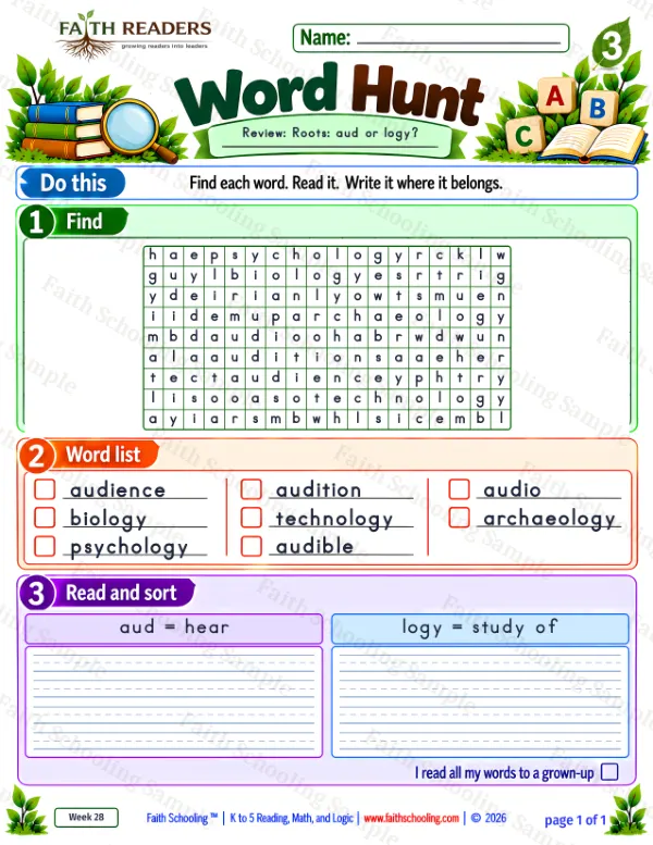 3rd Grade vocabulary & word study worksheet — Word Roots: aud = hear. Word Hunt 4: aud and logy