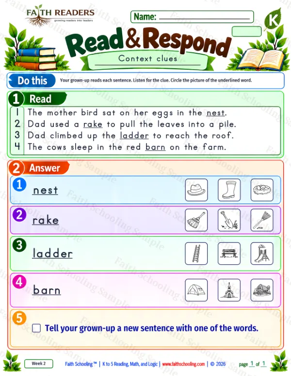 Kindergarten vocabulary worksheet: Context Clues, free printable page