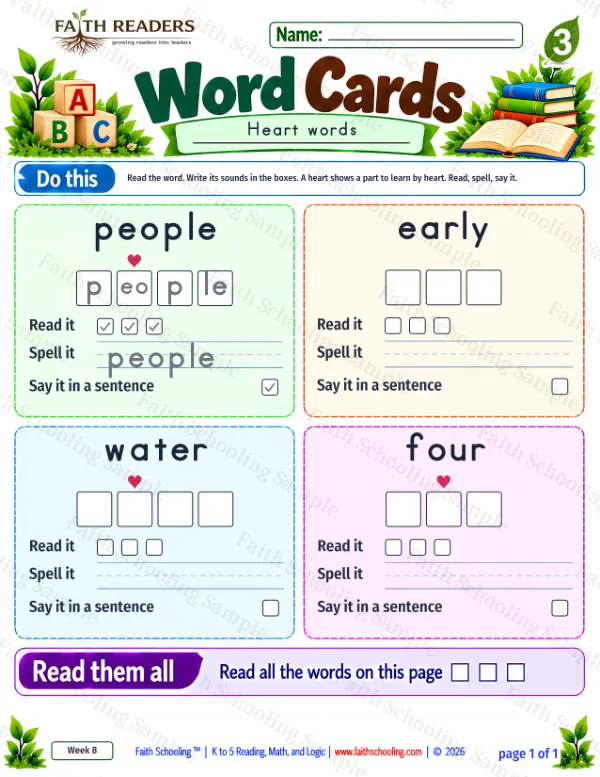 3rd Grade phonics worksheet — Phonics & Sight Words. Word Cards 7: people, early, water and four