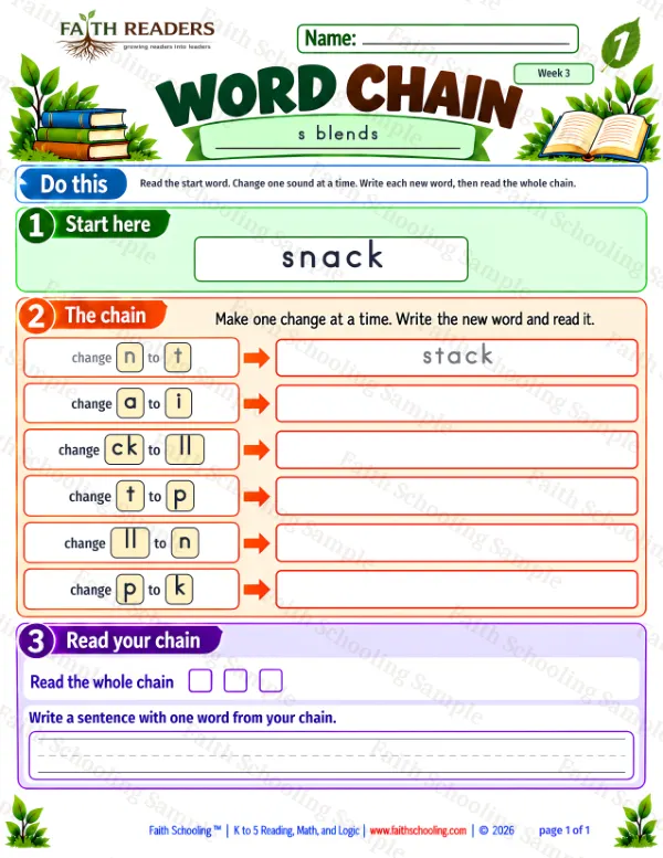 1st Grade phonics worksheet — Sounds That Blend. Word Chain 1: snack to skin
